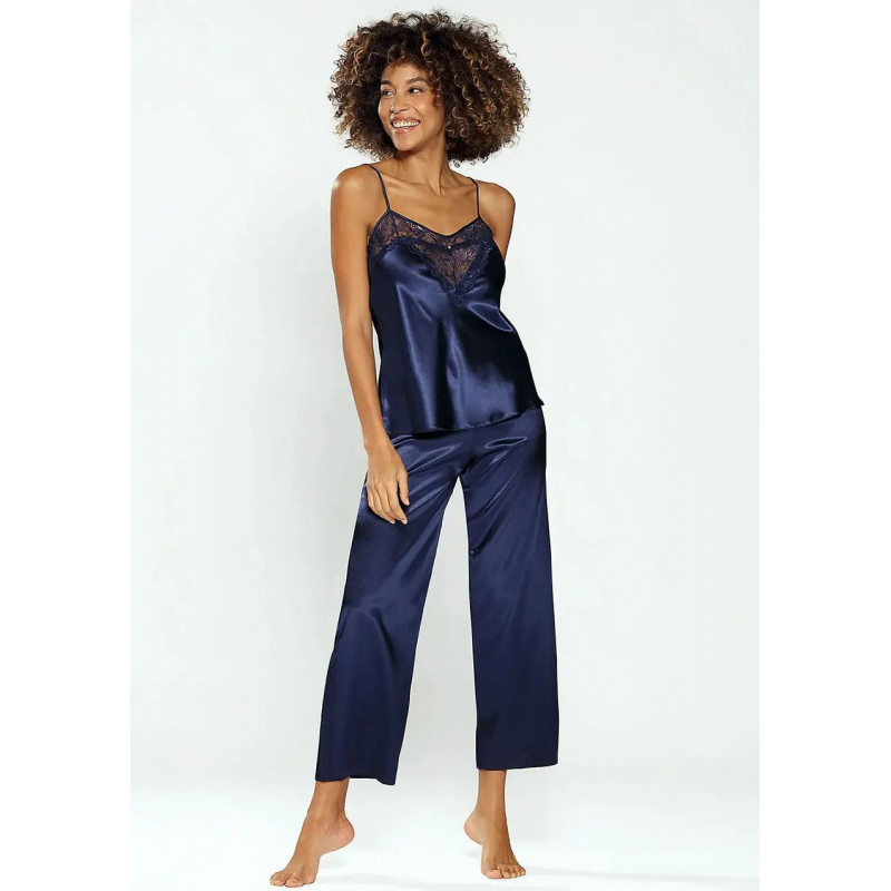 Lingerie de nuit : pyjama en satin bleu avec pantalon Caroline - Dkaren couleur bleu Taille (bas) XXL