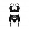 Lingerie sexy : Ensemble sexy noir Wetlook avec porte-jarretelle Norides - Obsessive lingerie