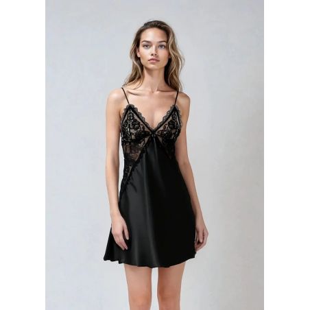 Nuisette noire en satin et dentelle Adelaide - DKaren
