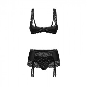 Ensemble Sexy Ouvert 3 Pièces Noir Obsessive Lingerie – Soutien-Gorge Ouvert Seins Libres & Porte-Jarretières Redresse-Seins