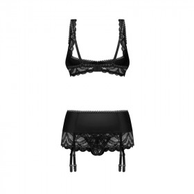 Ensemble Sexy Ouvert 3 Pièces Noir Obsessive Lingerie – Soutien-Gorge Ouvert Seins Libres & Porte-Jarretières Redresse-Seins