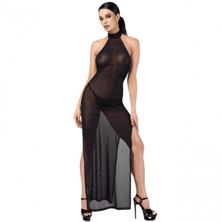 Robe longue tulle noir Onyx F372 – fentes sensuelles & dos strassé | Joli(e) Dessous