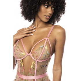 Body guépière Sydney rose dentelle Mapalé + porte-jarretelles