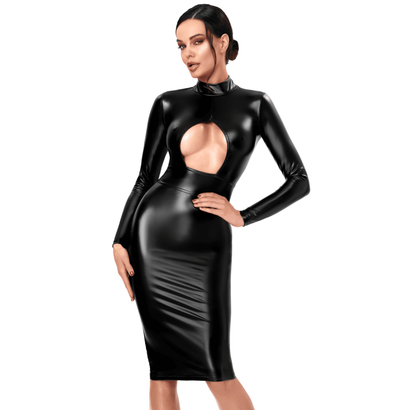 Robe Midi Noire Wetlook Manches Longues F401 Dark Affair