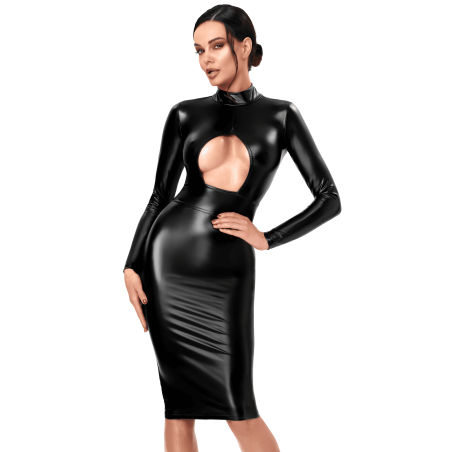 Robe Midi Noire Wetlook Manches Longues F401 Dark Affair