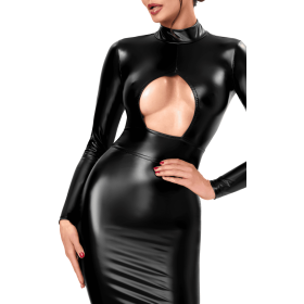 Robe Midi Noire Wetlook Manches Longues F401 Dark Affair