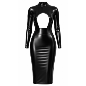 Robe Midi Noire Wetlook Manches Longues F401 Dark Affair
