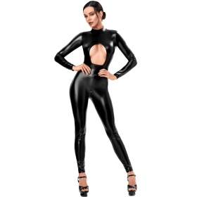 Catsuit Noir Wetlook Ouverture Poitrine F400 Dark Affair