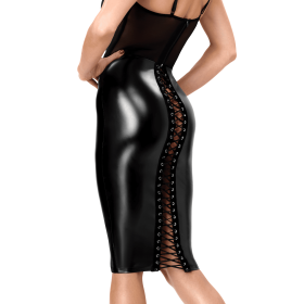 Robe Midi Noire Wetlook à Laçage F408 Do Not Disturb